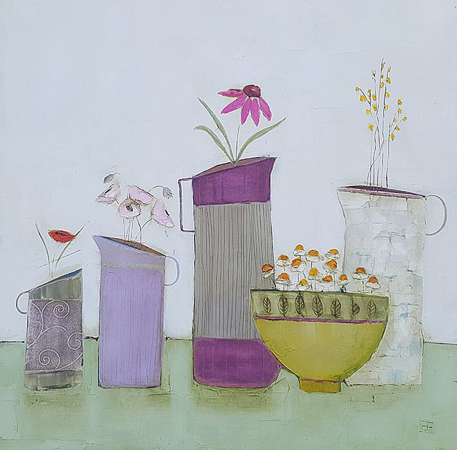 Eithne  Roberts - Yellow bowl and 4 jugs
